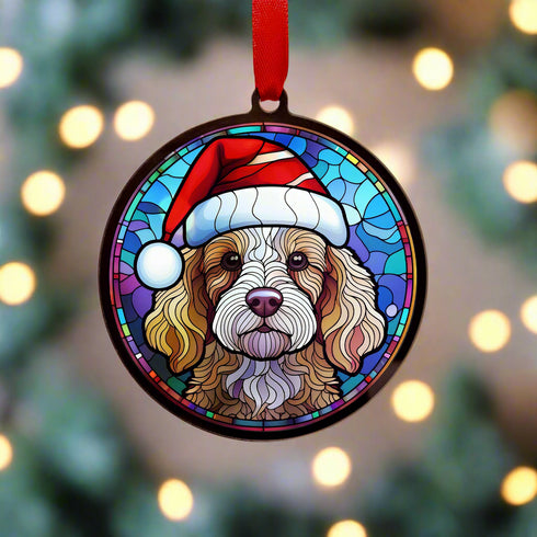 Cockapoo in Santa Hat Suncatcher Decoration